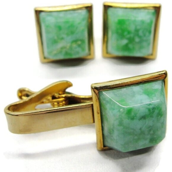 Jadeite Cufflinks Neck Tie Clip Square Gold Tone Set Tux Shirt Suit Vintage - Picture 2 of 5
